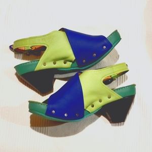 John Fluevog Vibrant Blue and Lime Sandals